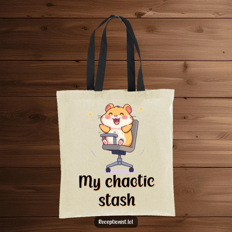 Funny hamster tote bag capturing the energetic spin of a hamster in an office chair, symbolizing playful joy.