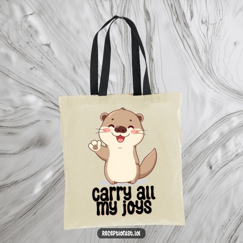 Funny Otter Welcome Tote Bag showcasing a cute otter waving hello with a bright, friendly expression, ideal for cheerful, humorous carrying.