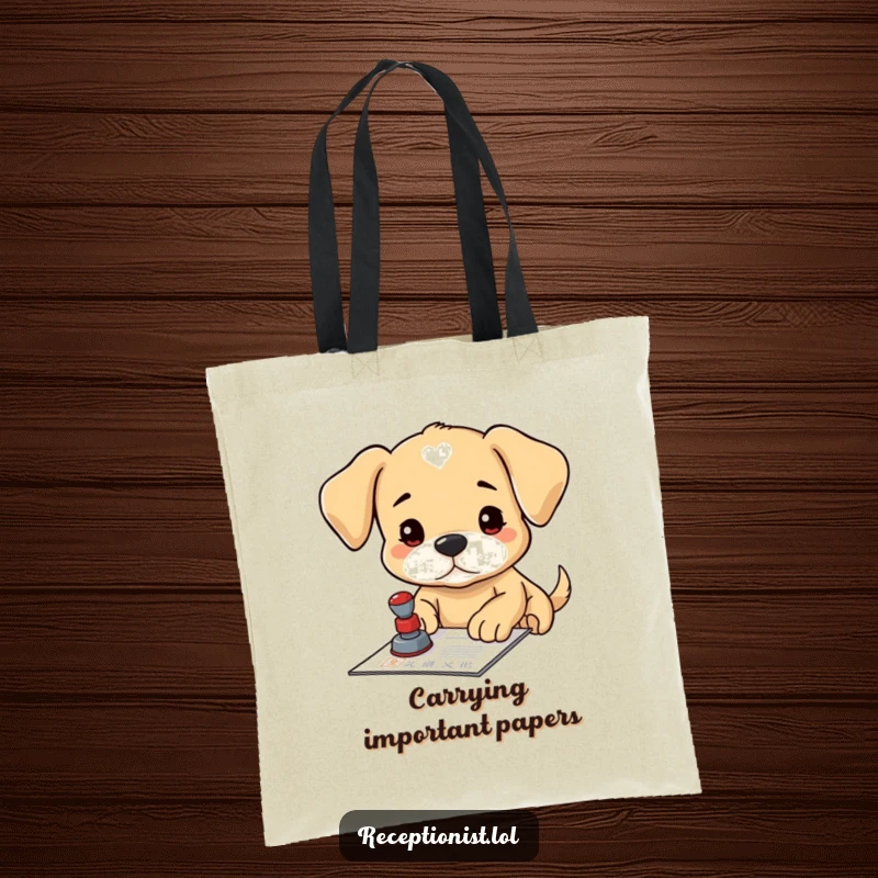 Funny puppy stamp tote bag, focused on stamping a document, perfect for carrying essentials with official charm.