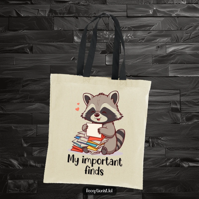Funny Raccoon Mail Tote Bag showcasing a playful raccoon sorting colorful mail with a cheerful hum, ideal for humorous carrying of correspondence.