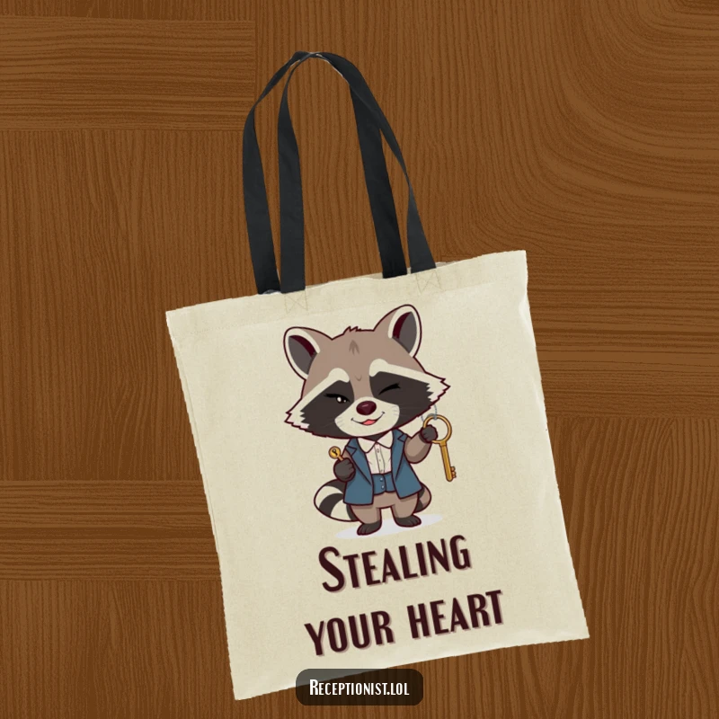 Funny raccoon receptionist tote bag, a winking raccoon passing a key with a sly smile, practical and humorous accessory.