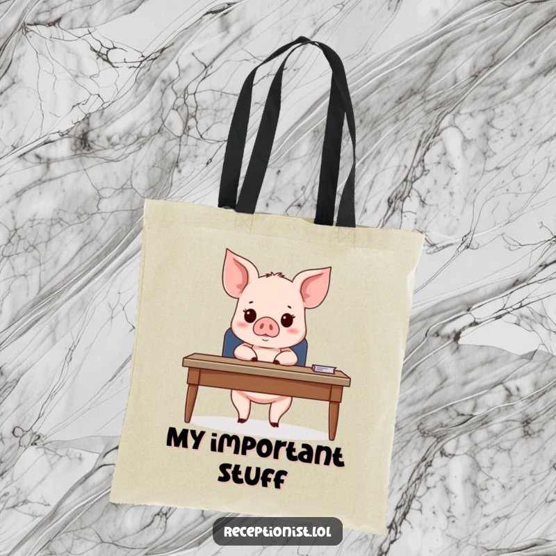 Funny Piglet Greeting Tote Bag showcasing a cute piglet behind a desk, looking expectantly at an unseen guest, ideal for humorous shopping.