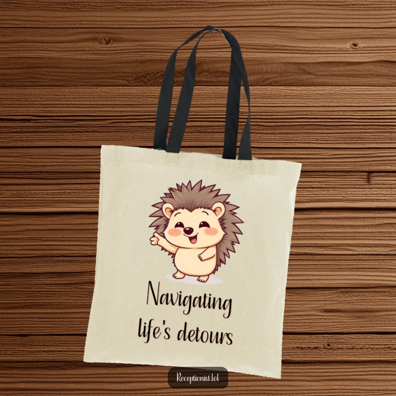 Funny tote bag featuring a smiling, giggling hedgehog character pointing the way, a practical and amusing accessory.