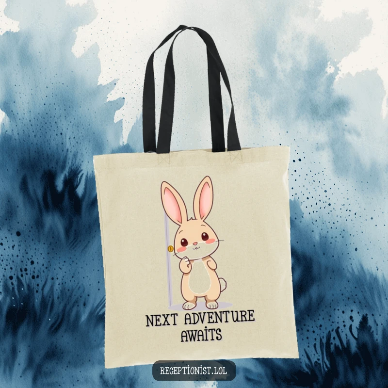 Funny tote bag featuring an excited rabbit pointing towards a door, perfect for carrying essentials on any adventurous outing.