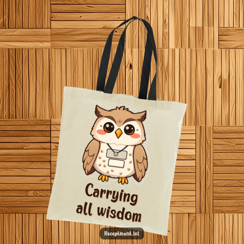 Funny, proud owl with a name badge on a tote bag, suggesting a wise companion for everyday journeys.
